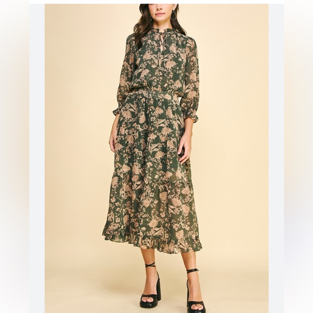 HAILEY & Co Green Floral Long Sleeve Printed Babydoll Dress Large